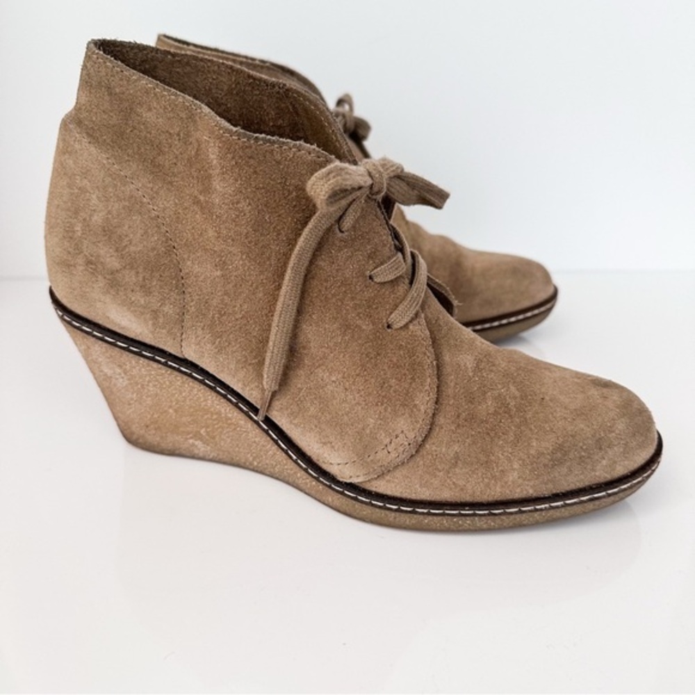 J.Crew MacAlister Suede Wedge Booties Tan Lace Up Ankle Boots With Box Size 7